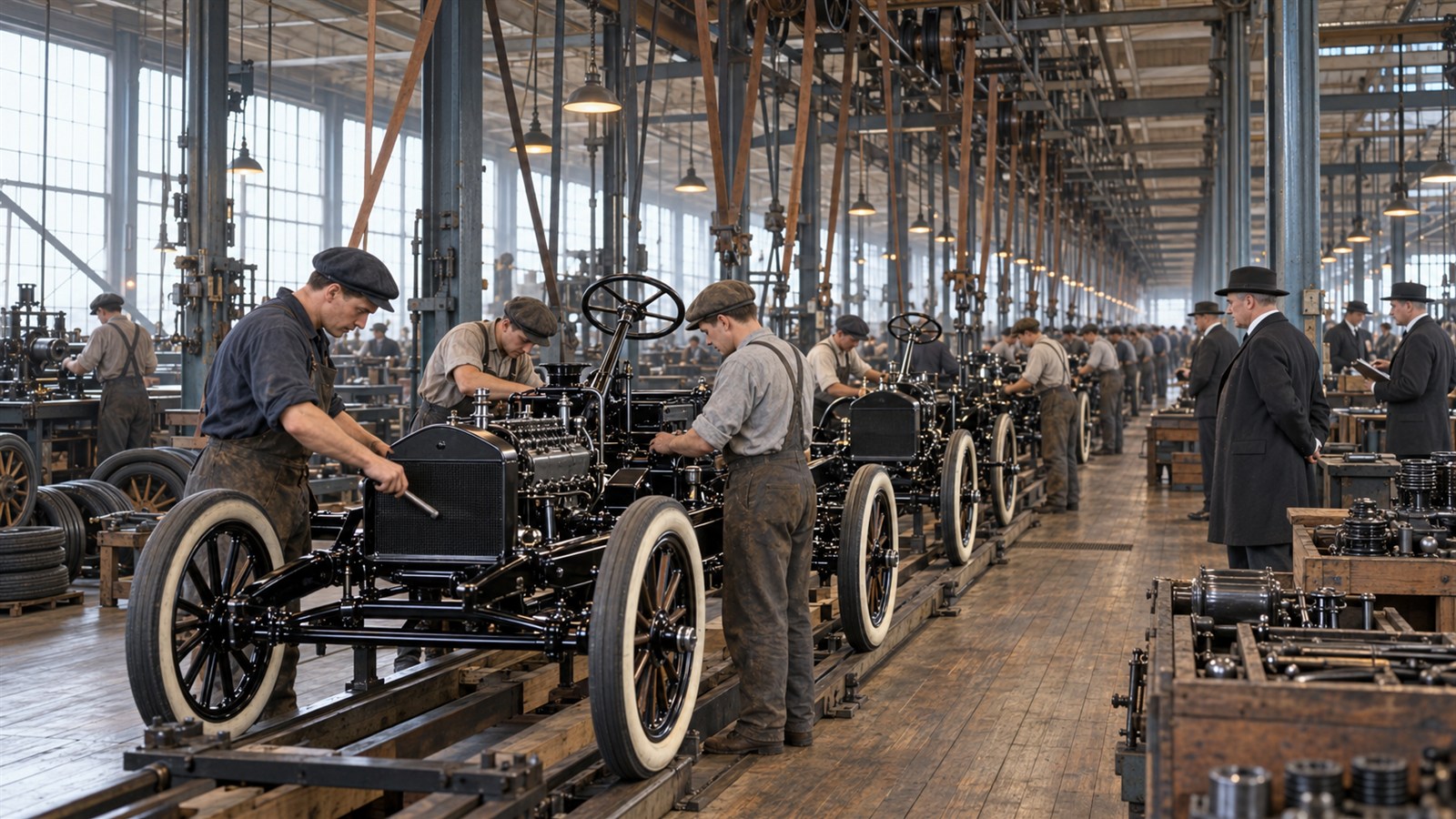 AI reconstruction of Ford workers operating the moving Model T chassis assembly line in 1913.