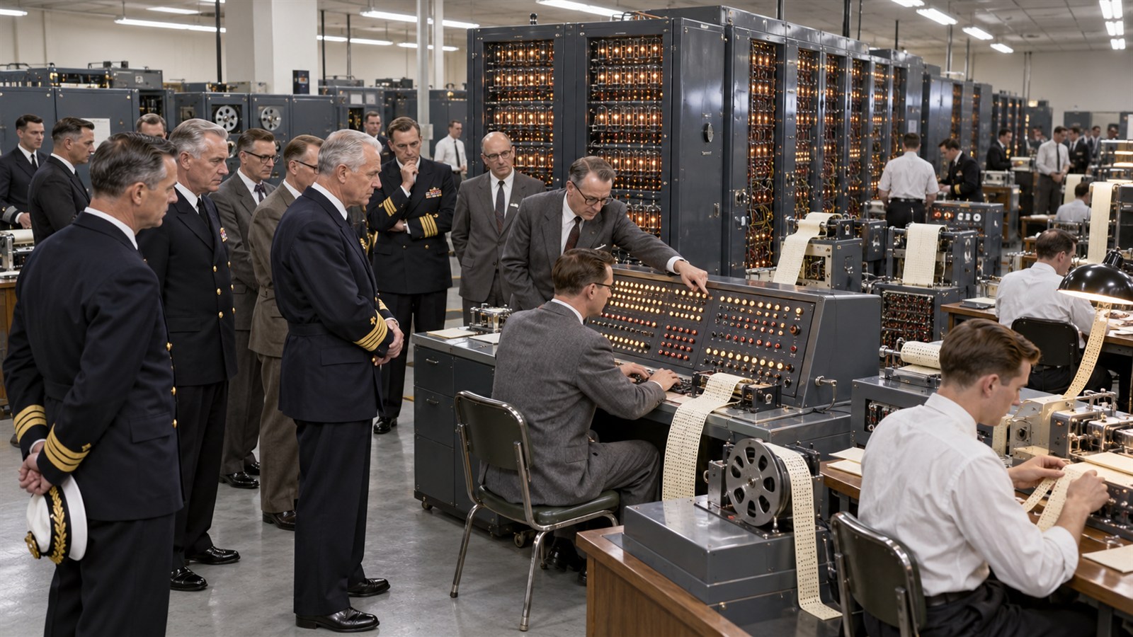 AI reconstruction of the NORC computer dedication at the U.S. Navy Dahlgren laboratory in 1954.