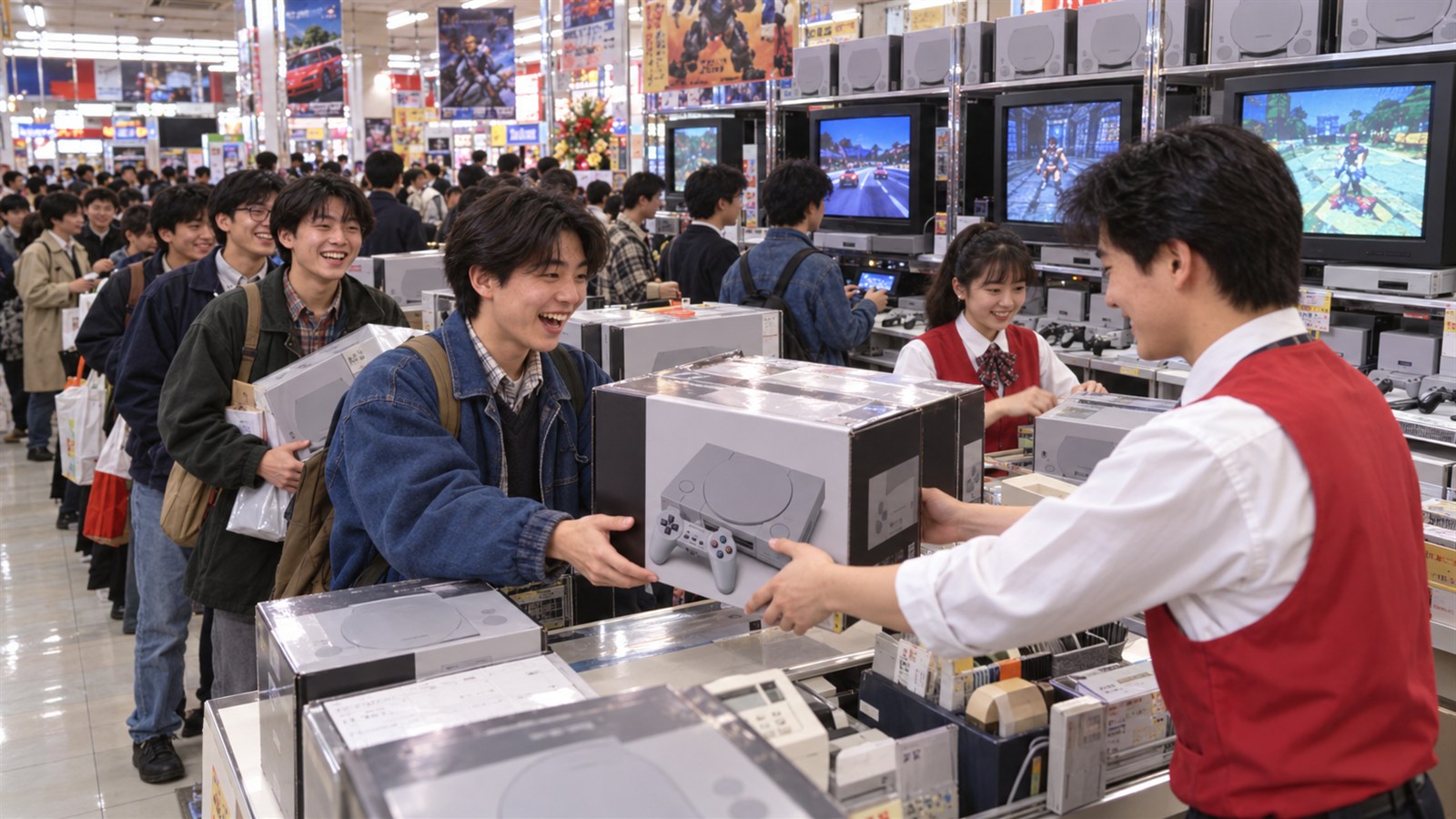 AI reconstruction of customers buying the original PlayStation in Japan on December 3, 1994.