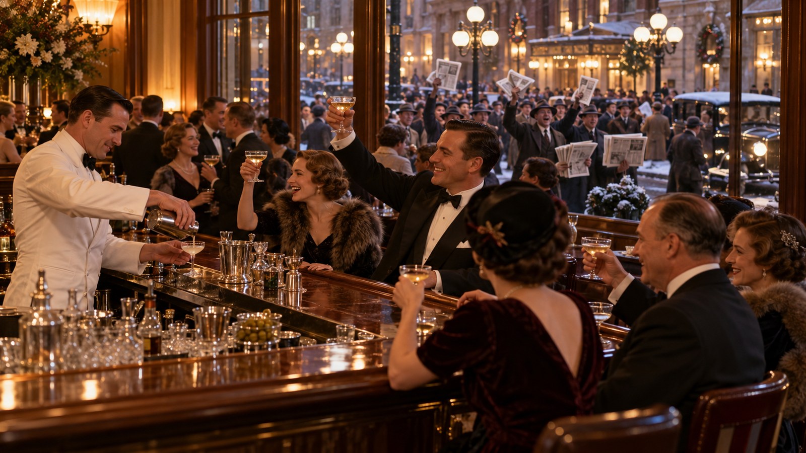AI reconstruction of patrons celebrating the repeal of Prohibition in an American hotel bar in 1933.