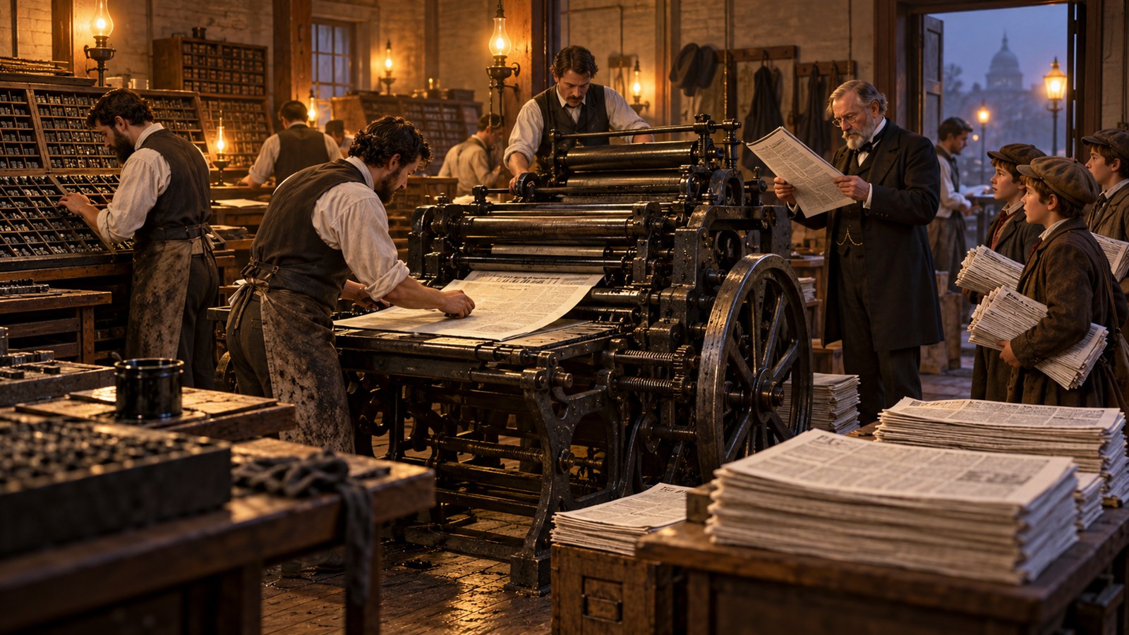 AI reconstruction of printers producing the first Washington Post issue on December 6, 1877.