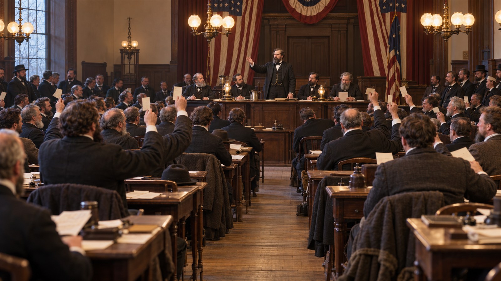 AI reconstruction of labor delegates founding the American Federation of Labor in 1886.