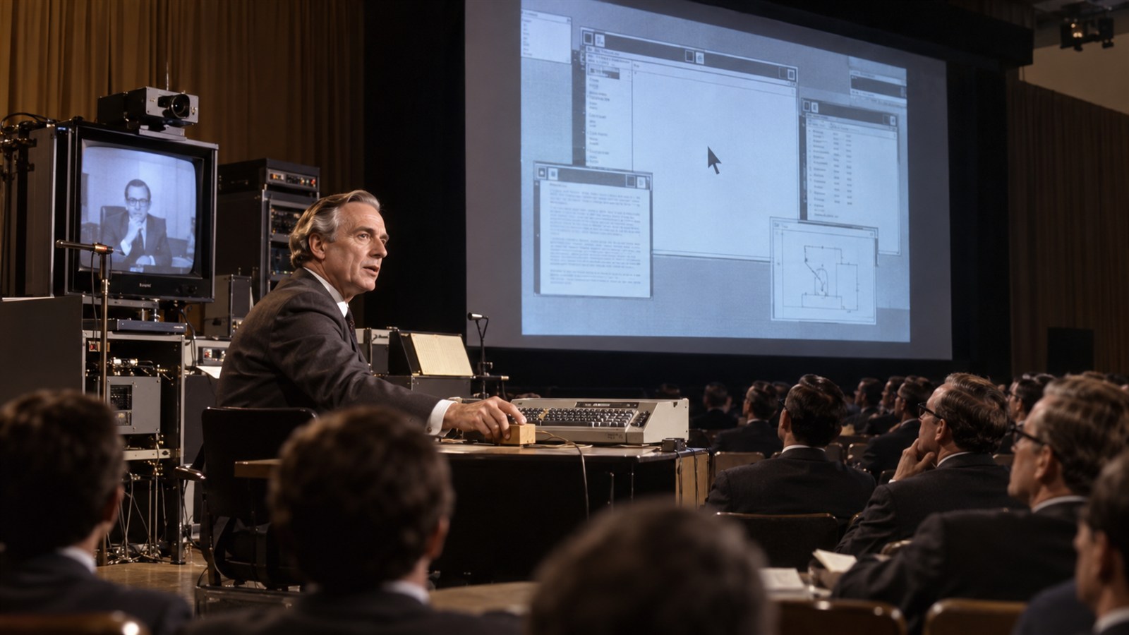 AI reconstruction of Douglas Engelbart presenting the Mother of All Demos in San Francisco in 1968.