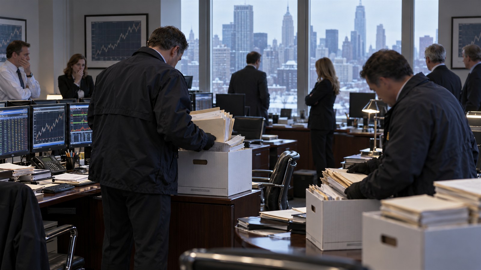 AI reconstruction of investigators entering a Manhattan investment office as the Madoff fraud collapsed in 2008.