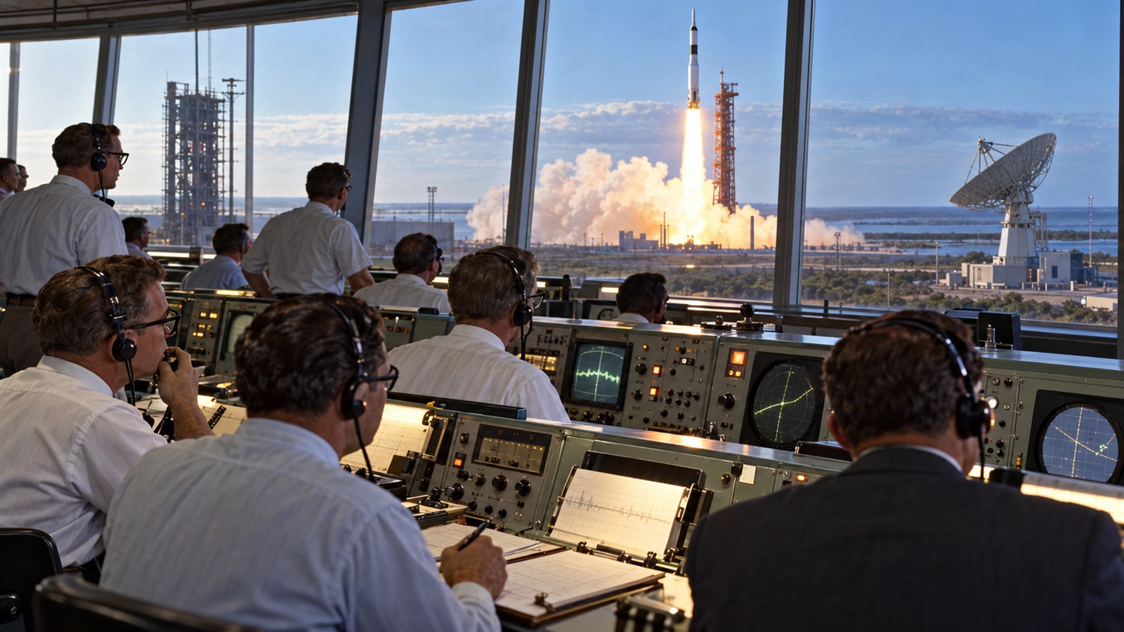 AI reconstruction of NASA engineers supporting the launch and communications tests of Relay I in 1962.