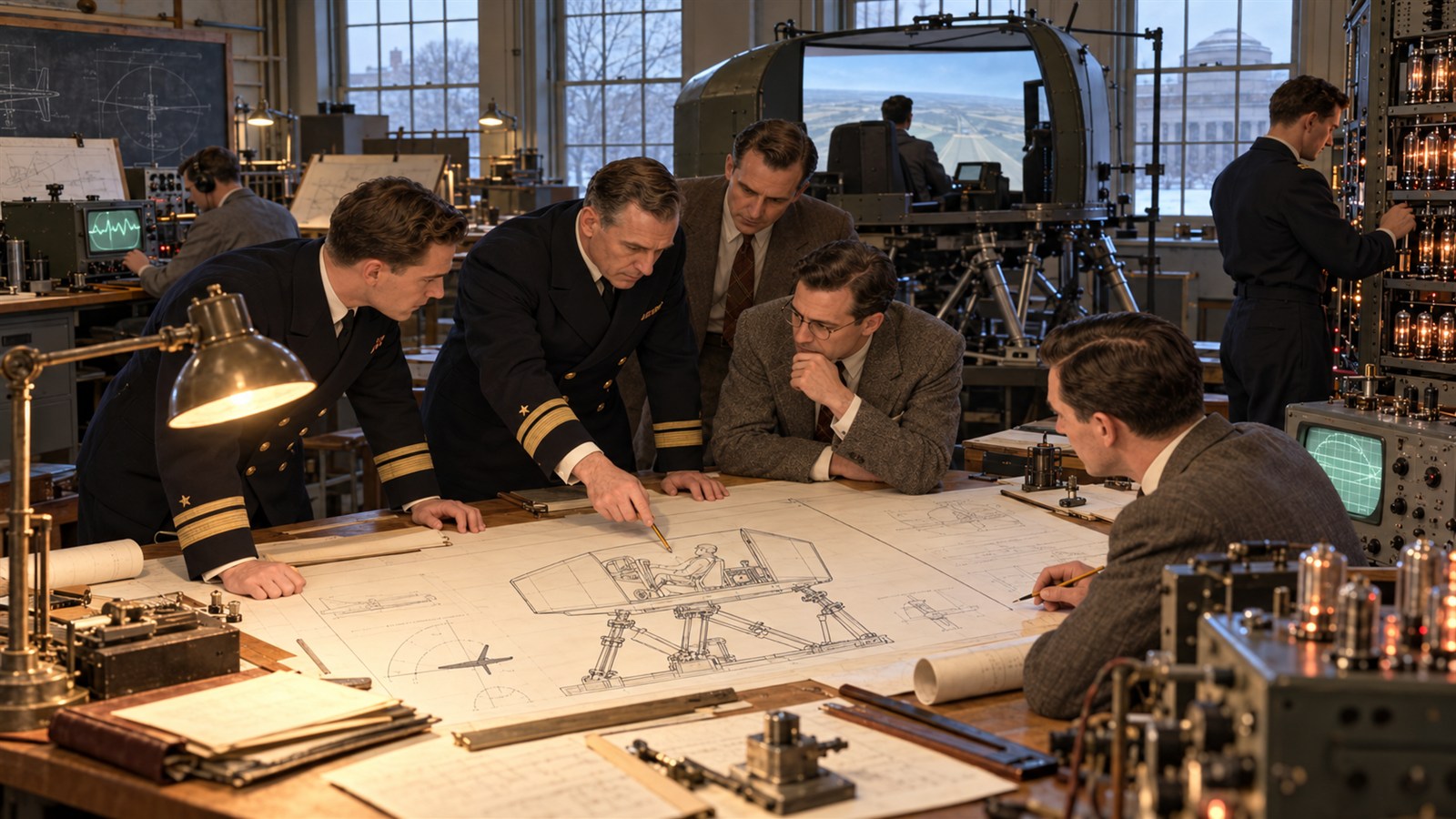 AI reconstruction of MIT researchers and U.S. Navy officers beginning Project Whirlwind in 1944.