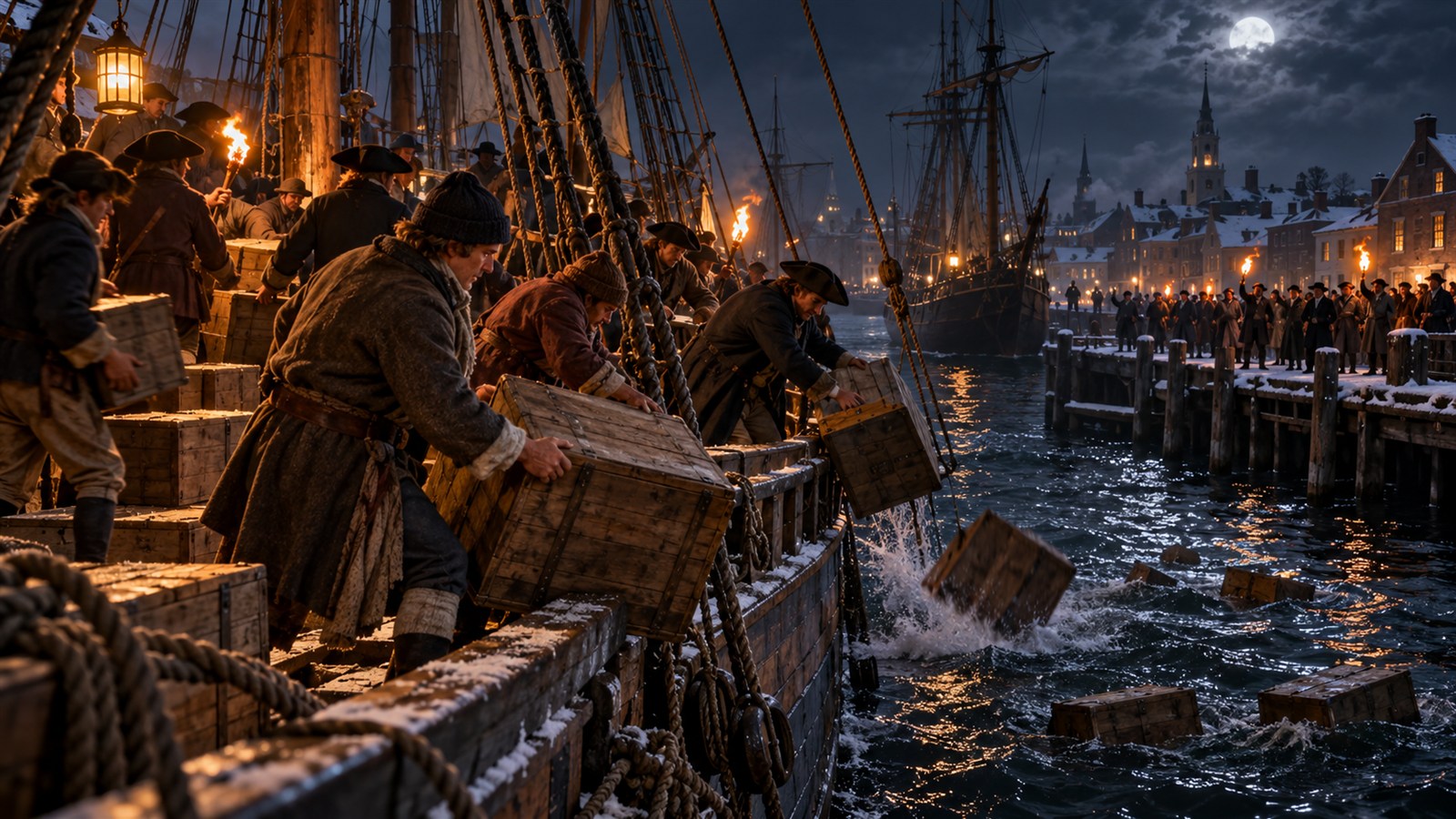 AI reconstruction of colonists destroying East India Company tea in Boston Harbor in 1773.