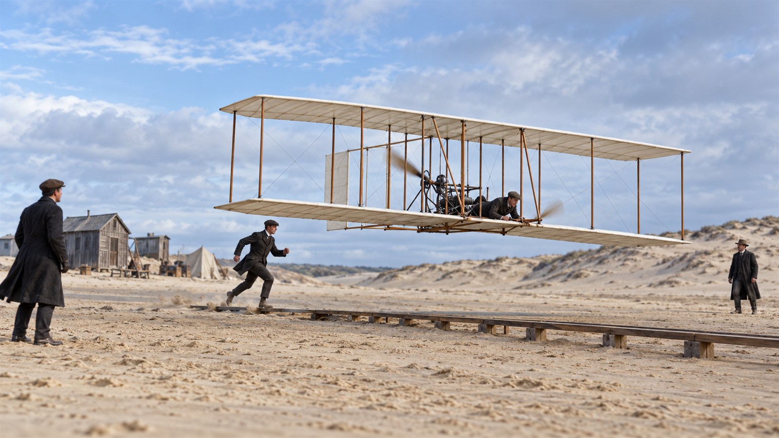 AI reconstruction of the Wright brothers first powered flight near Kitty Hawk on December 17, 1903.
