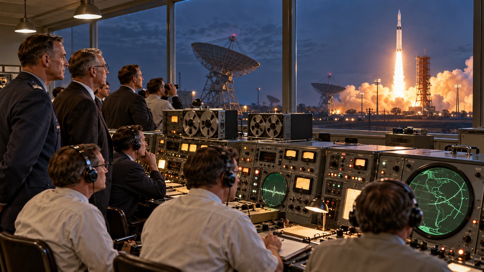 AI reconstruction of engineers supporting the launch and orbital communications test of Project SCORE in 1958.