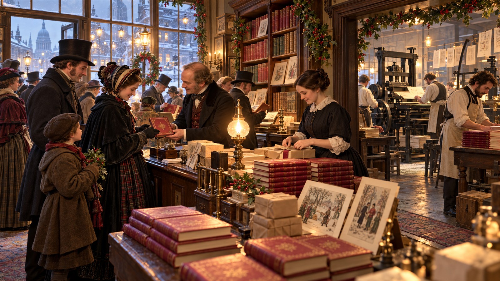 AI reconstruction of London readers buying the first edition of A Christmas Carol in December 1843.