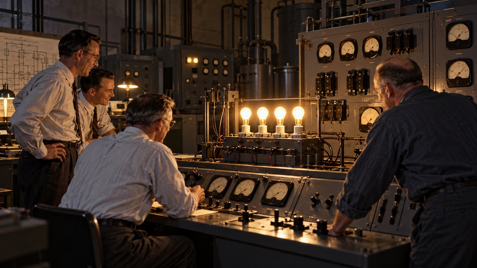 AI reconstruction of engineers lighting four bulbs with electricity from EBR-I on December 20, 1951.