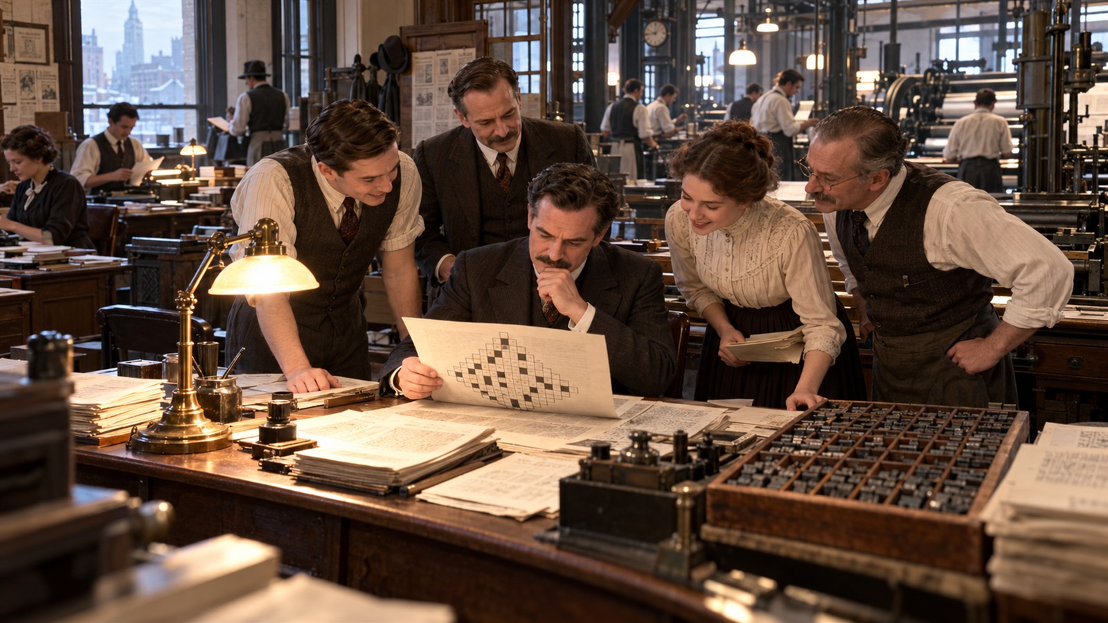 AI reconstruction of editors preparing the first modern crossword for the New York World in 1913.