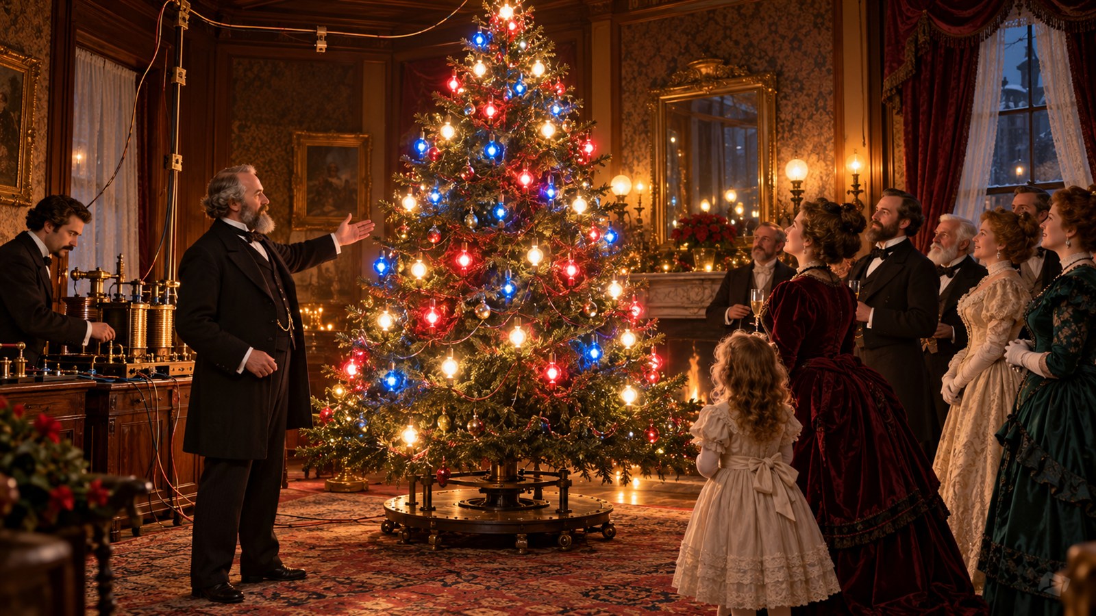 AI reconstruction of Edward Johnson displaying an electrically lit Christmas tree in New York in 1882.
