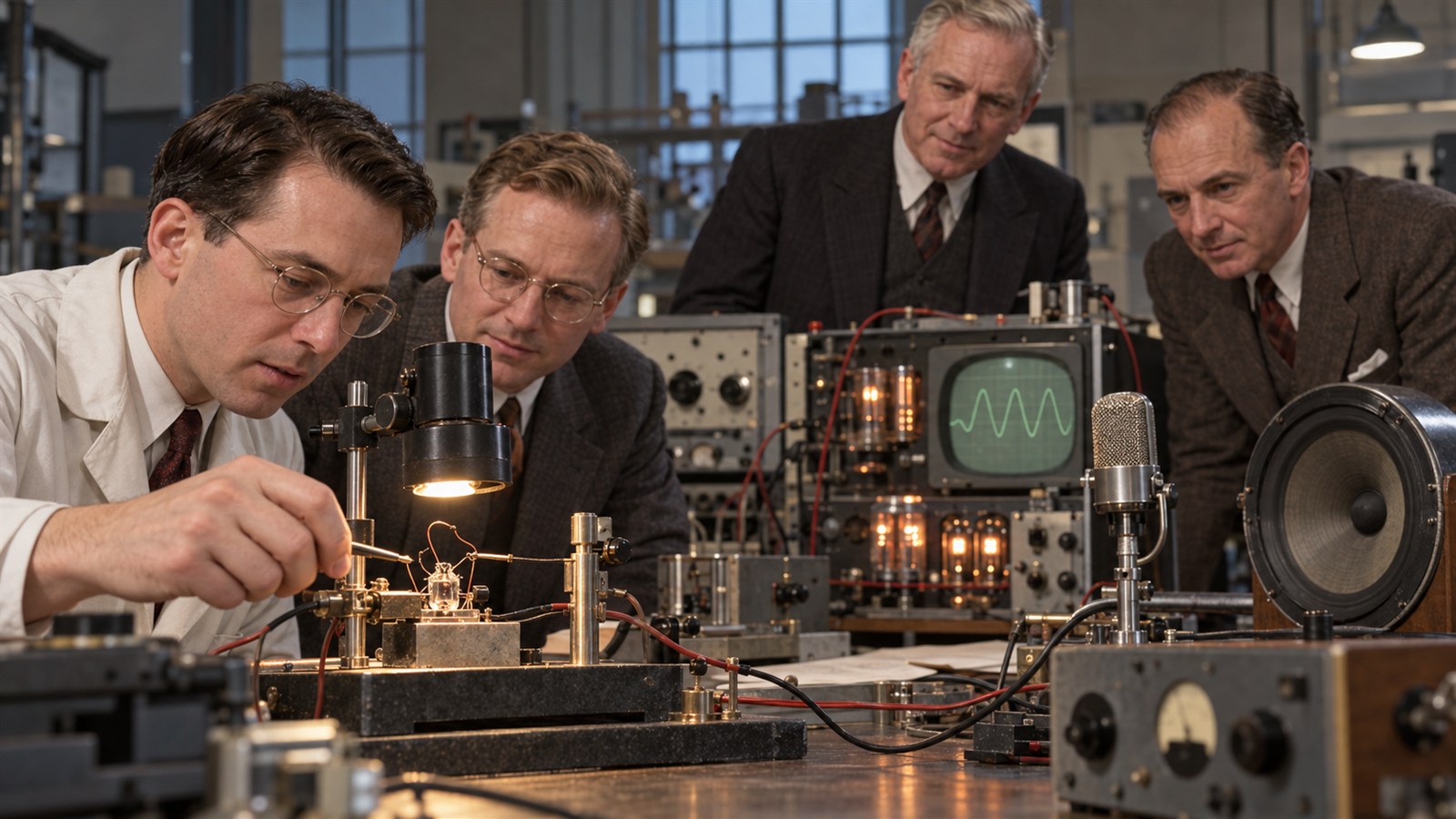 AI reconstruction of Bell Labs researchers demonstrating the point-contact transistor on December 23, 1947.