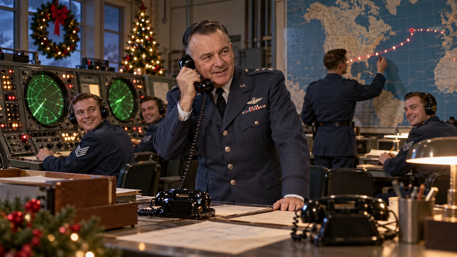 AI reconstruction of the mistaken 1955 phone call that began the military Santa-tracking tradition.