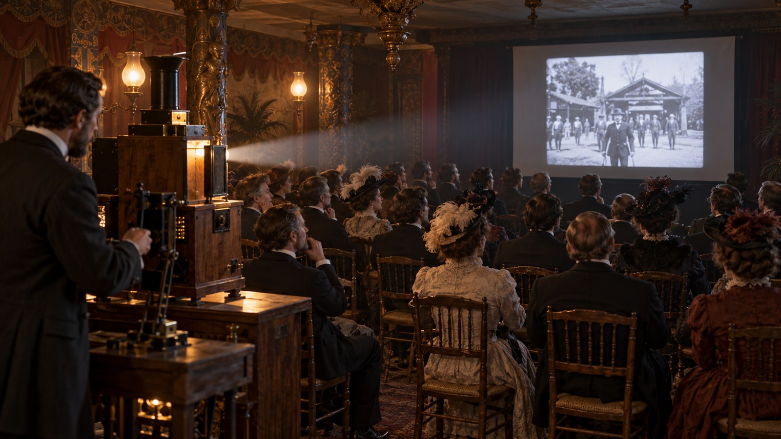 AI reconstruction of the Lumiere brothers paid public film screening in Paris on December 28, 1895.