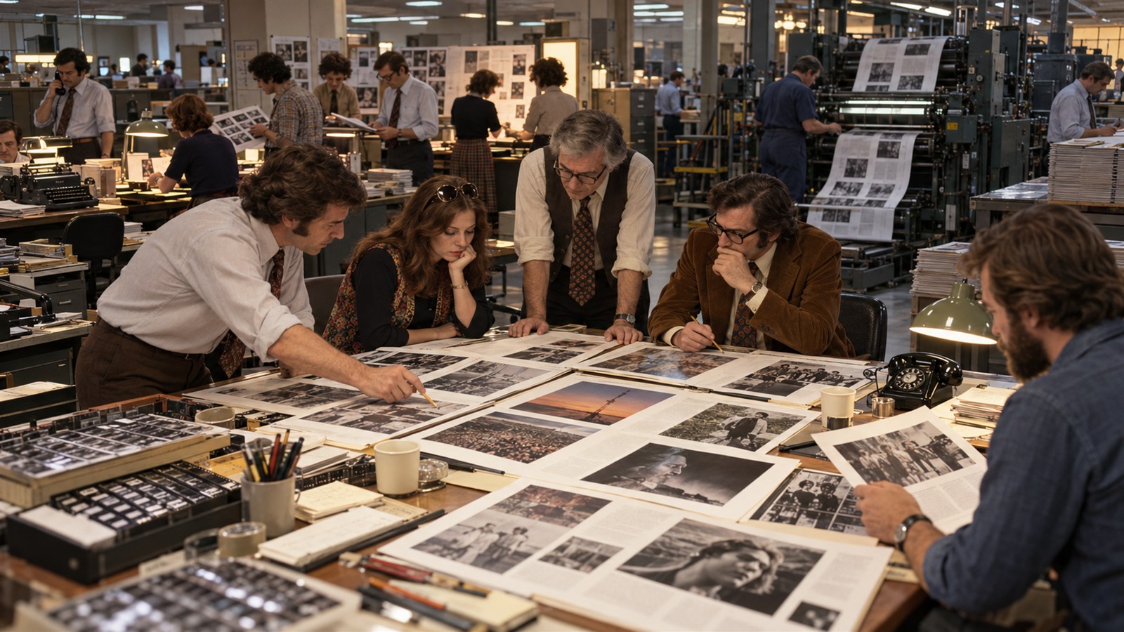 AI reconstruction of LIFE magazine staff preparing the final issue of its original weekly run in 1972.