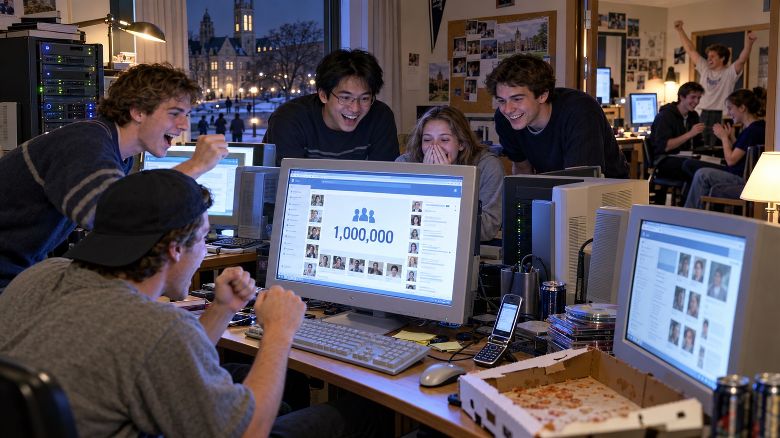 AI reconstruction of college students using Facebook as the network reached one million users in 2004.