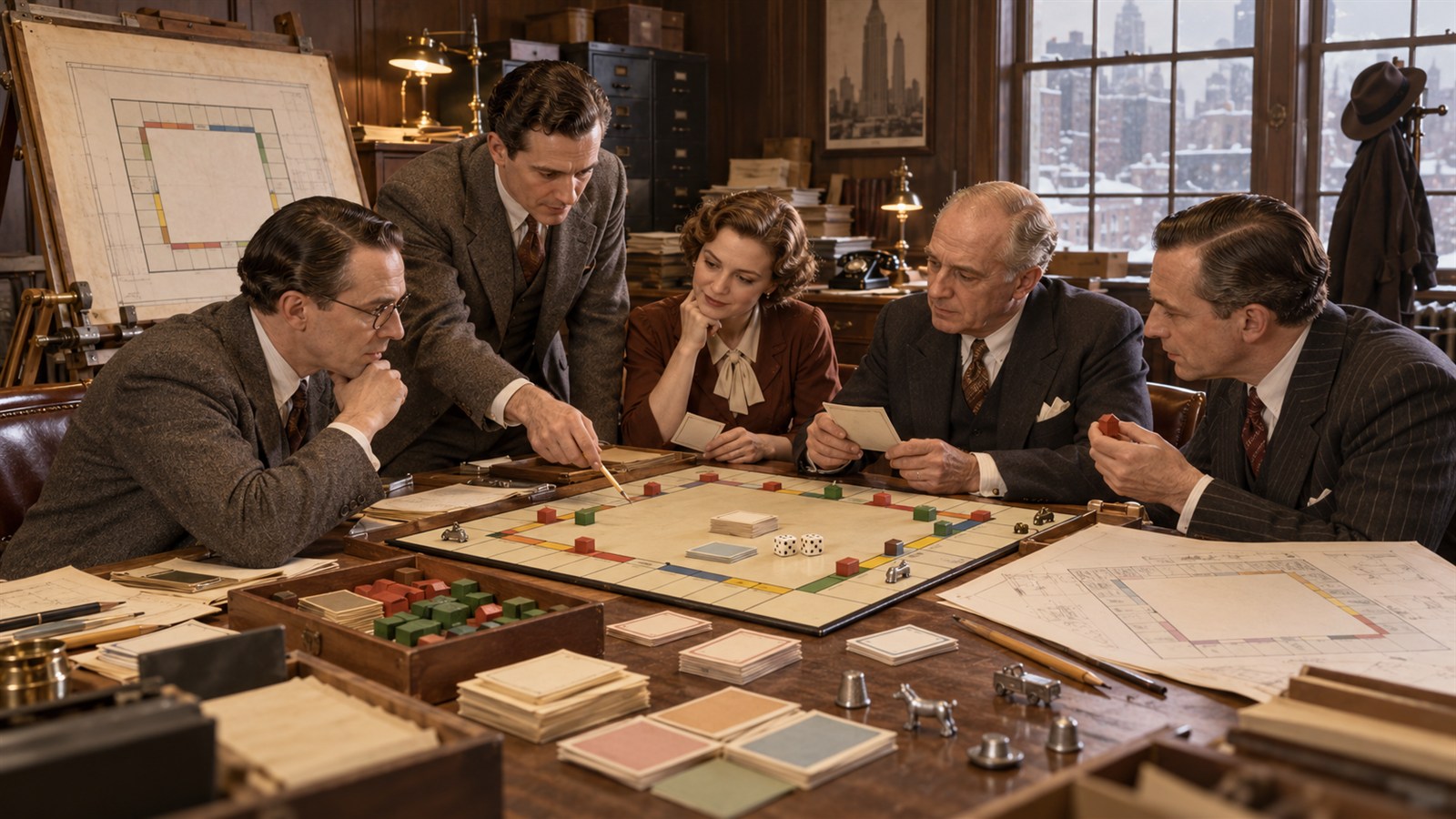 AI reconstruction of a 1935 board-game patent meeting for the commercial Monopoly product.