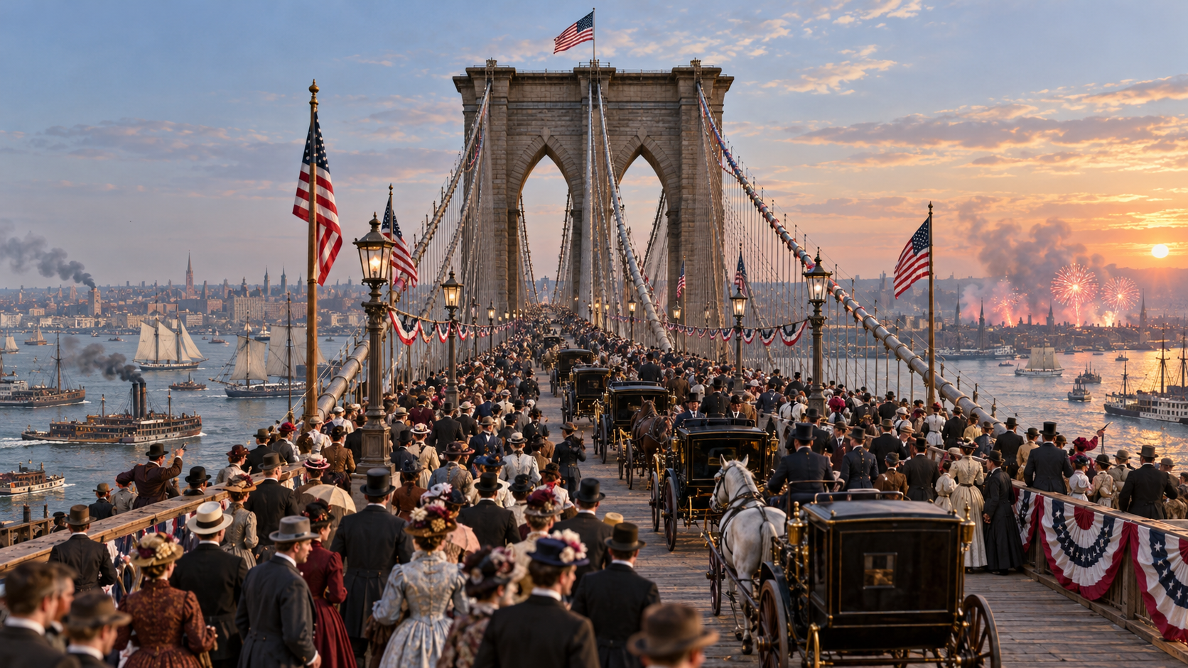 Historical reconstruction of 1883: Brooklyn Bridge Opens on May 24, 1883