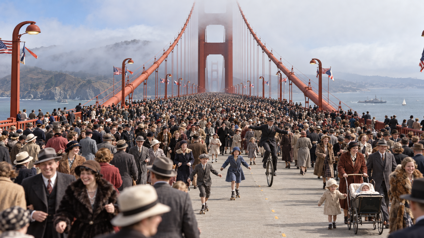 Historical reconstruction of 1937: Golden Gate Bridge Opens on May 27, 1937