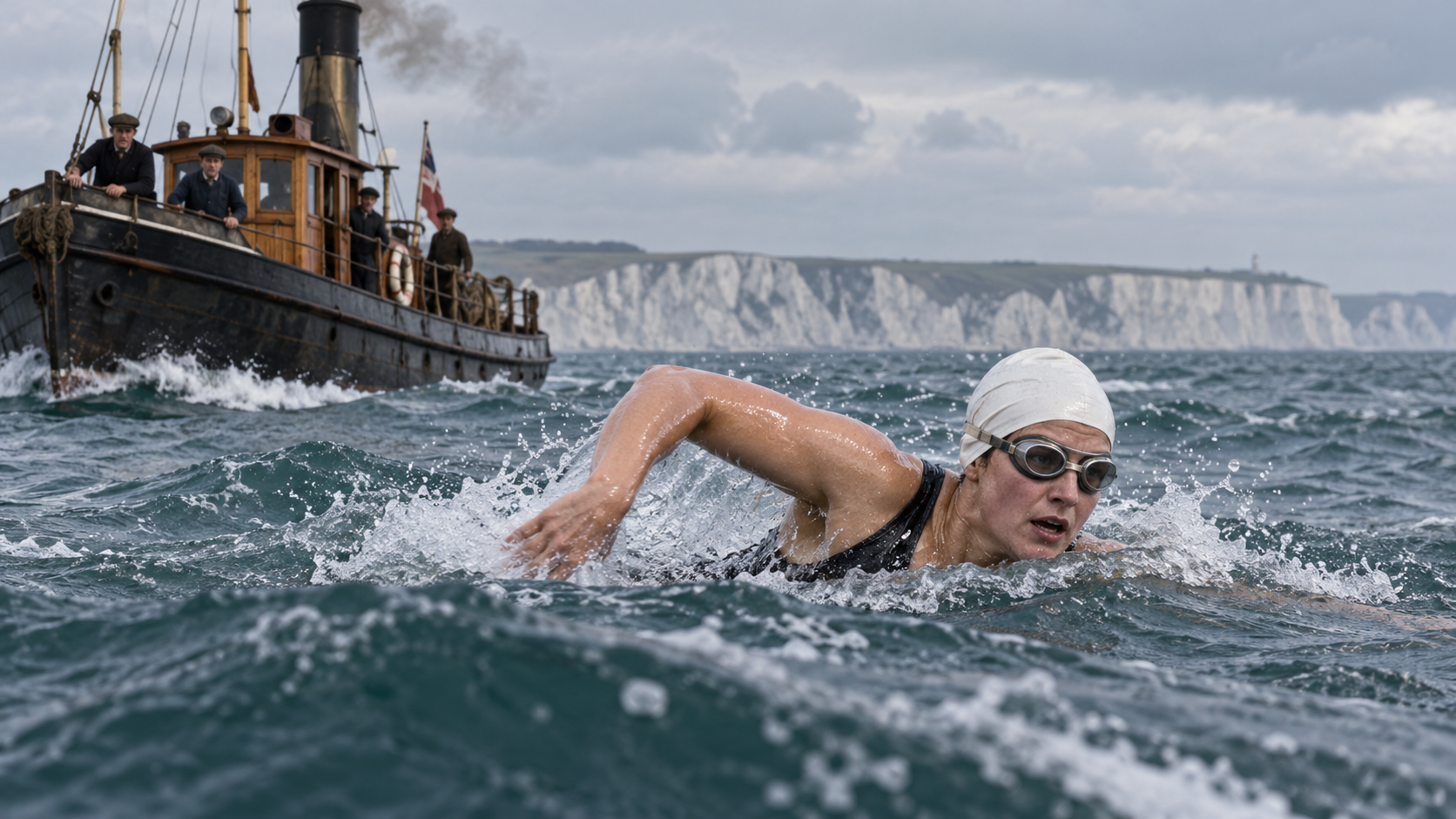 Historical reconstruction of Gertrude Ederle swimming the English Channel on August 6, 1926