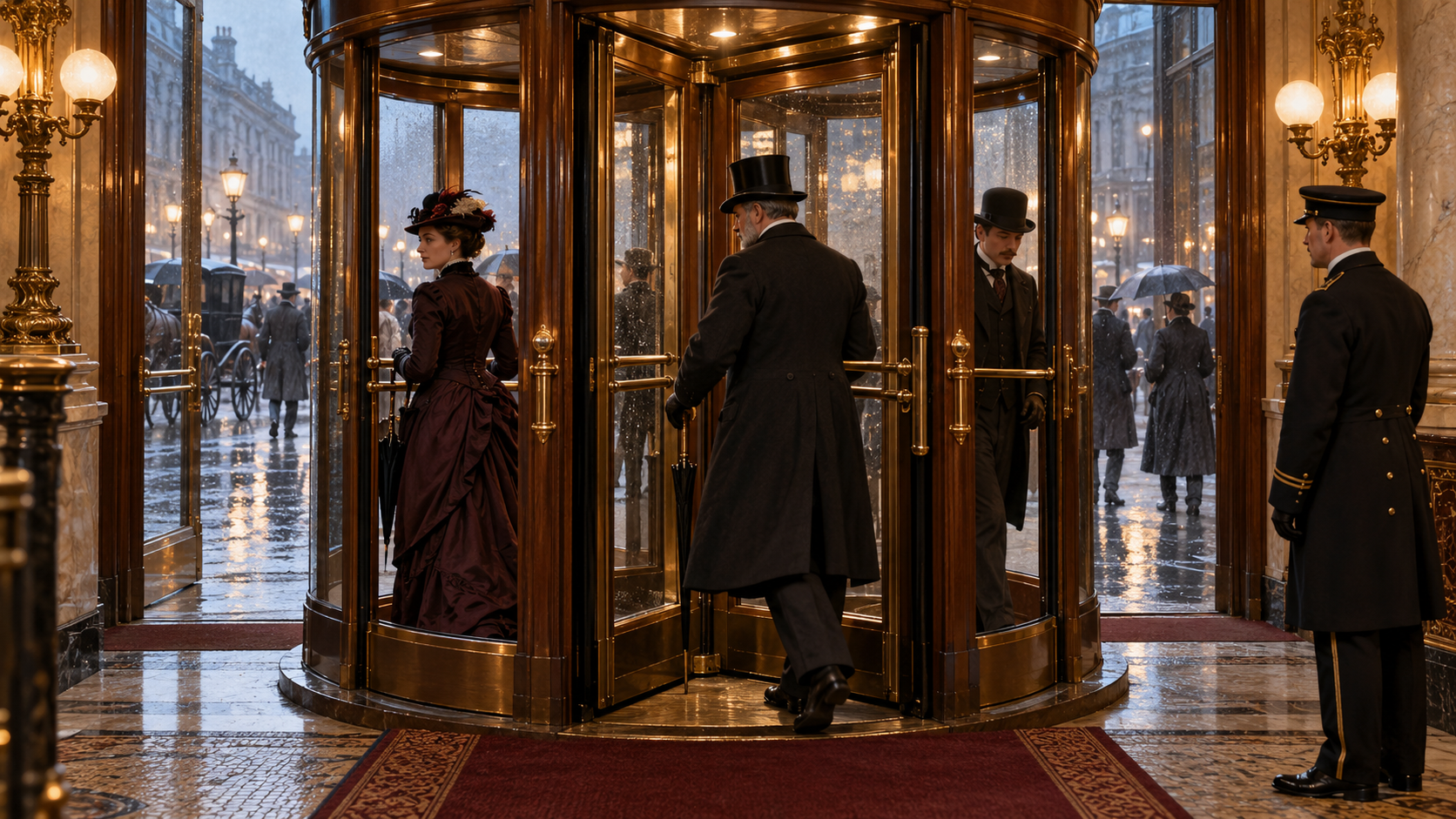 Historical reconstruction of an early revolving door in use on August 7, 1888