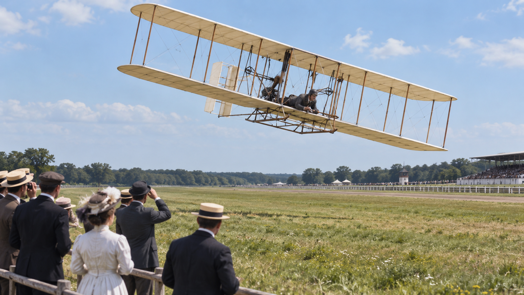 Historical reconstruction of Wilbur Wright flying at Le Mans on August 8, 1908