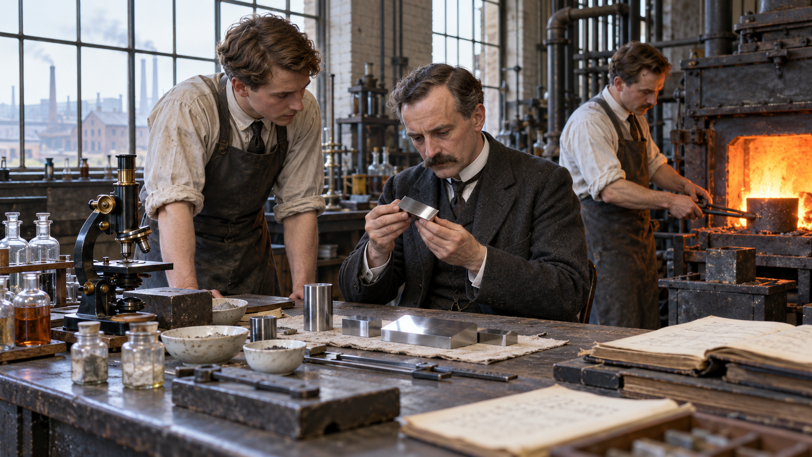 Historical reconstruction of Harry Brearley testing stainless steel on August 13, 1913