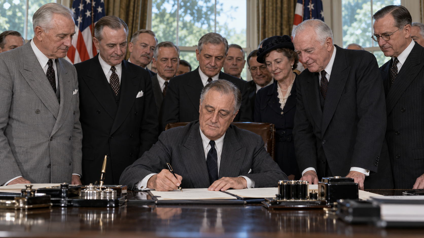 Historical reconstruction of the Social Security Act signing on August 14, 1935