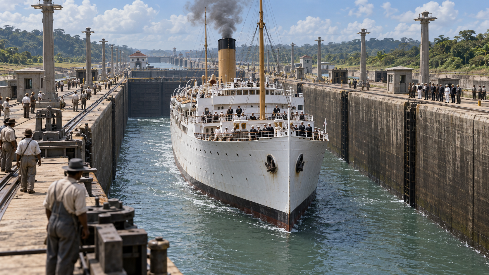Historical reconstruction of the Panama Canal opening transit on August 15, 1914