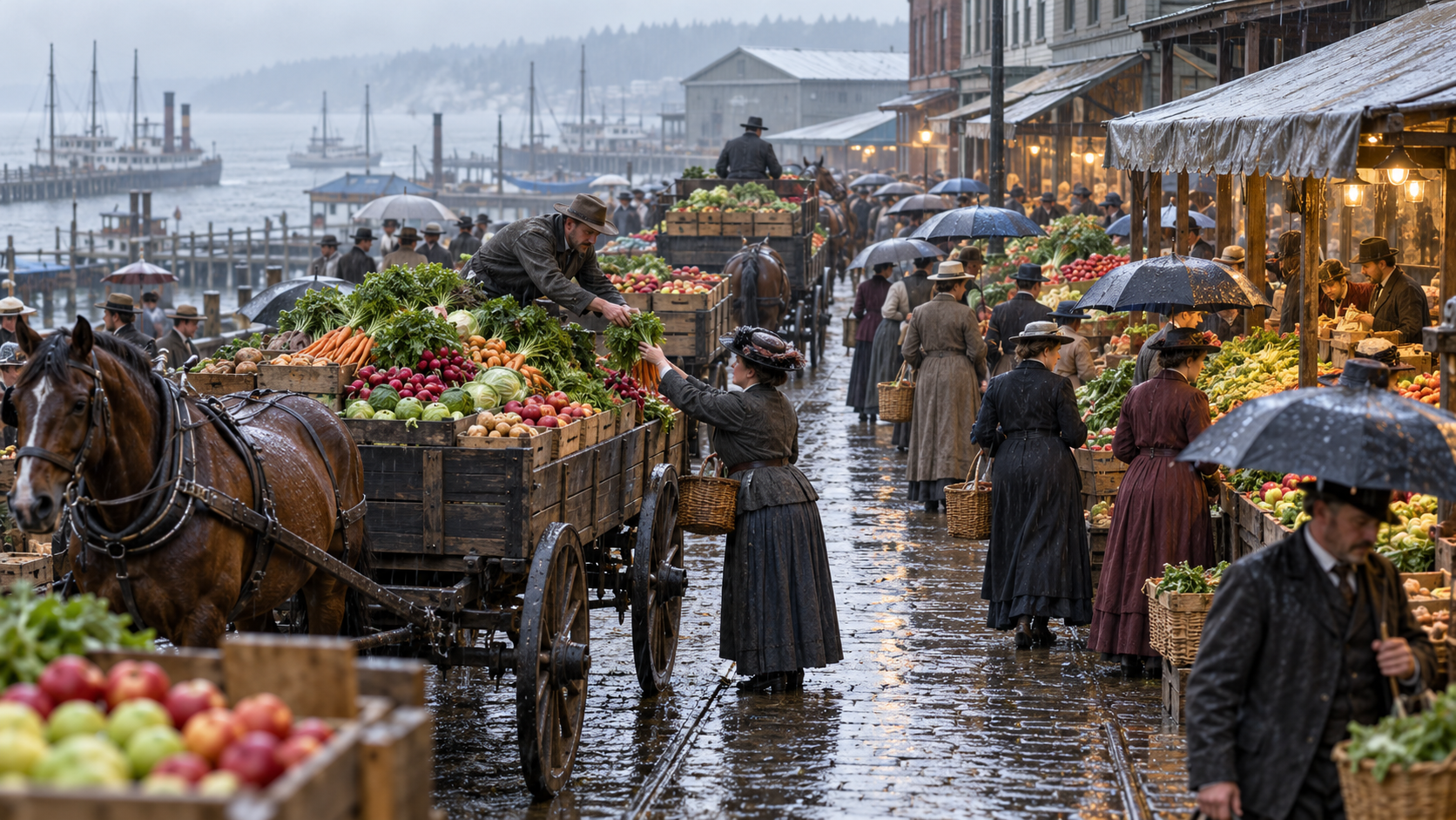 Historical reconstruction of Pike Place Market opening on August 17, 1907