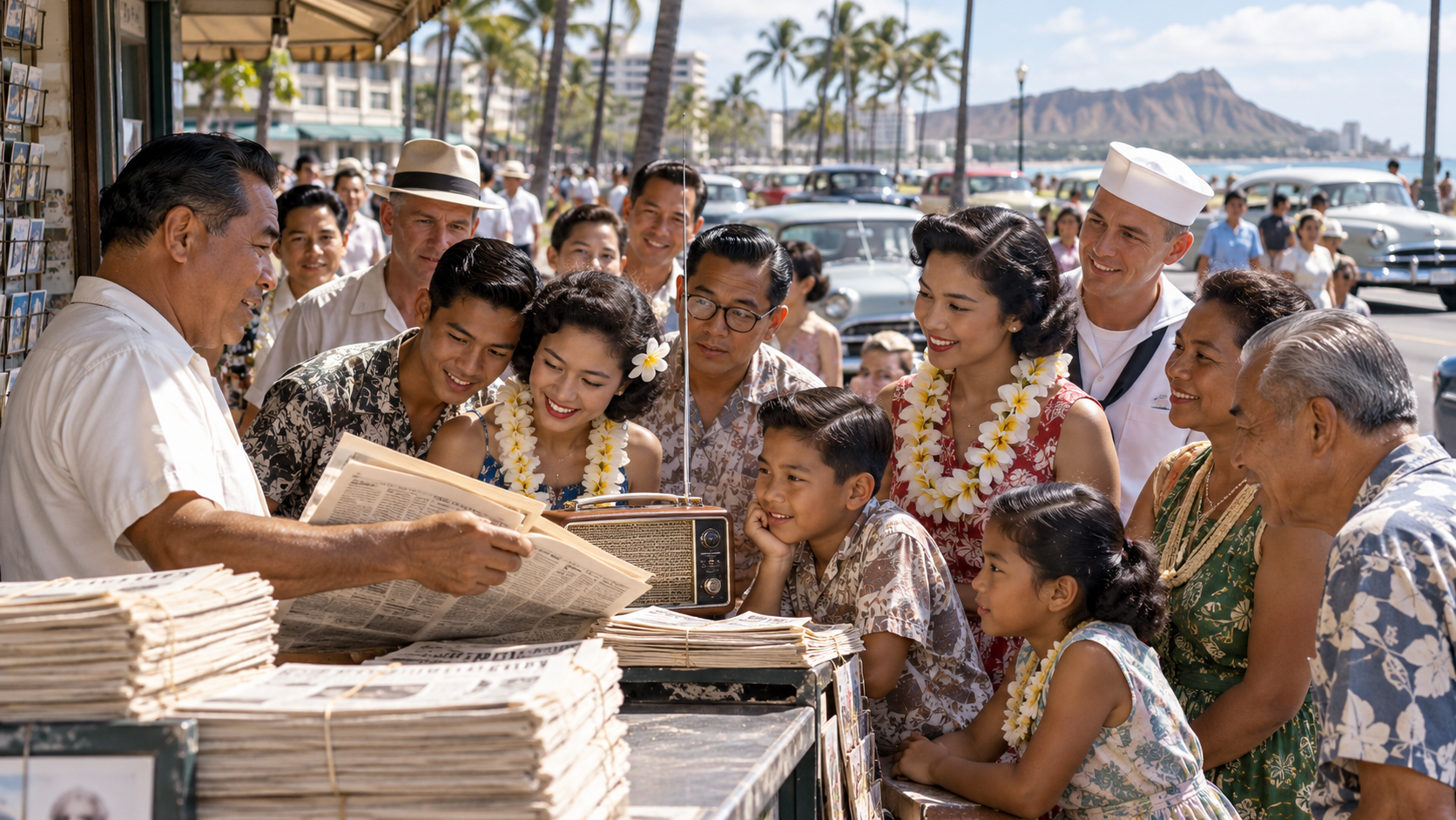 Historical reconstruction of Hawaii statehood celebrations on August 21, 1959
