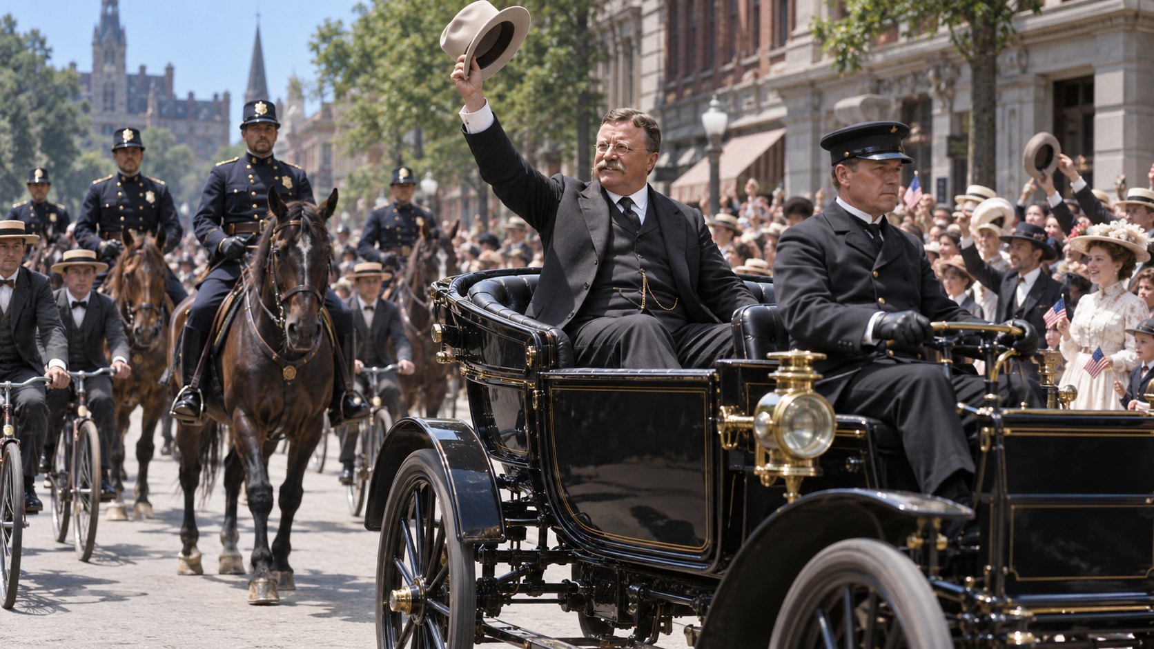 Historical reconstruction of Theodore Roosevelt in a Hartford motorcade on August 22, 1902