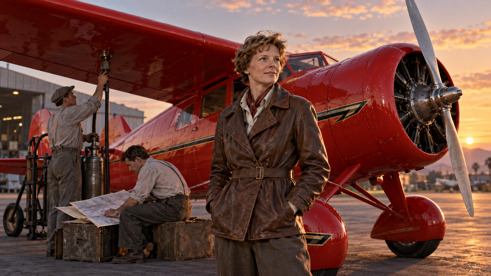 Historical reconstruction of Amelia Earhart preparing for her transcontinental flight on August 24, 1932