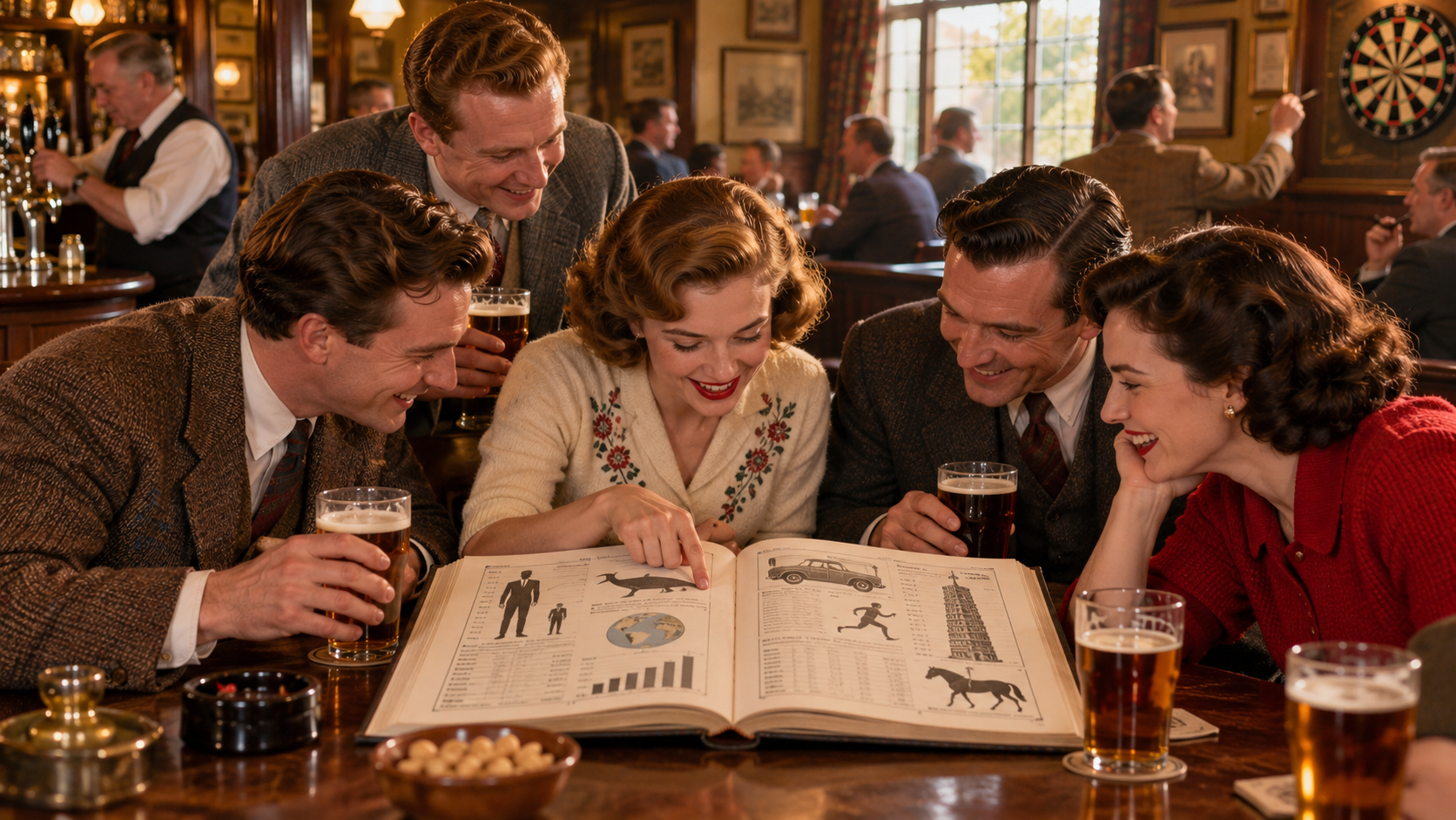 Historical reconstruction of friends reading a record book on August 27, 1955