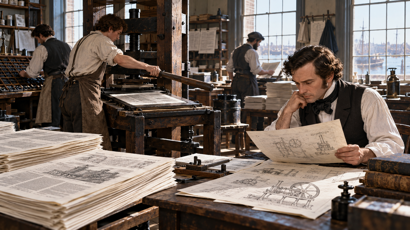 Historical reconstruction of an illustrated science weekly being printed on August 28, 1845