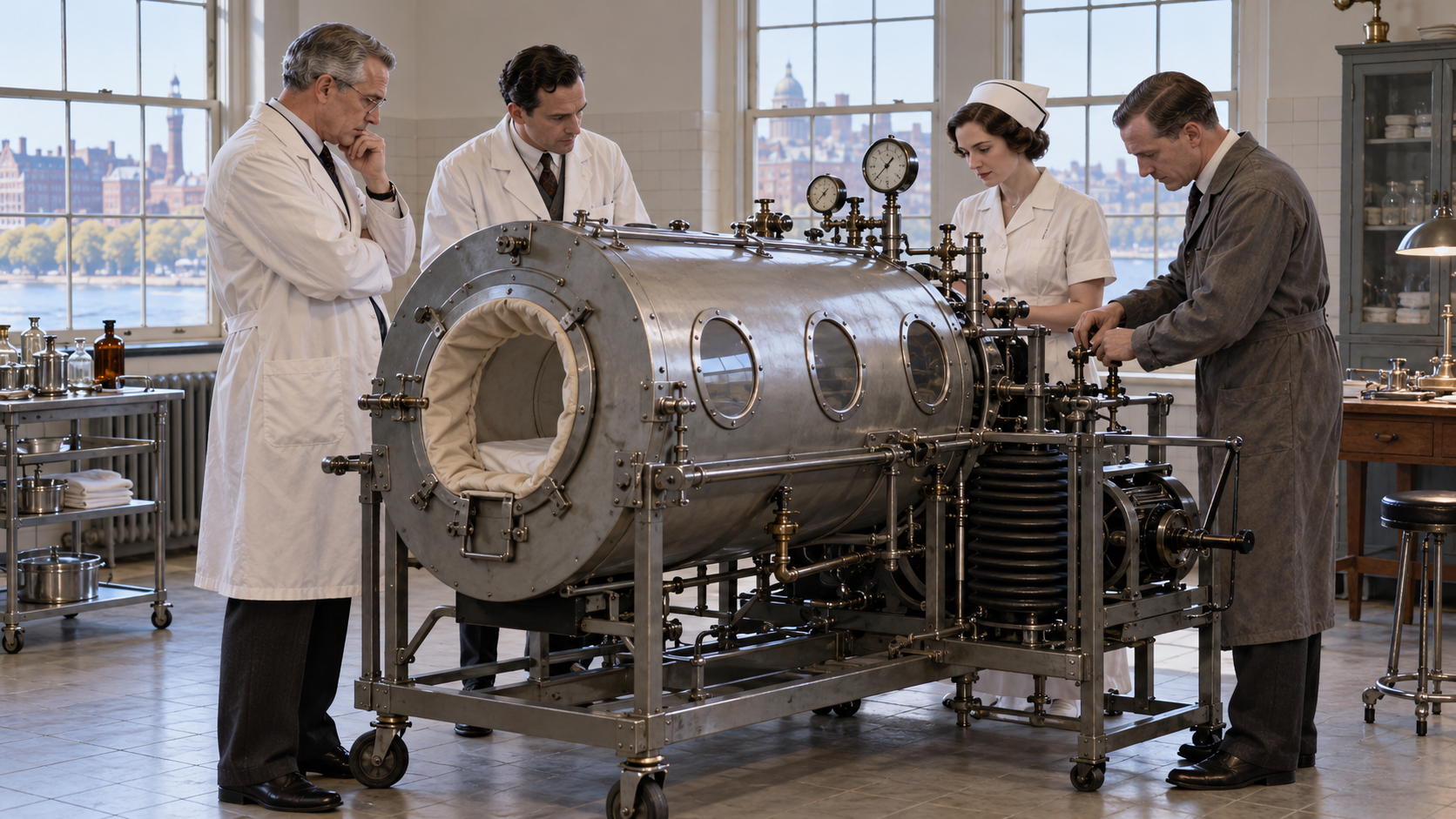 Historical reconstruction of 1928: Iron Lung Enters Use on October 12, 1928