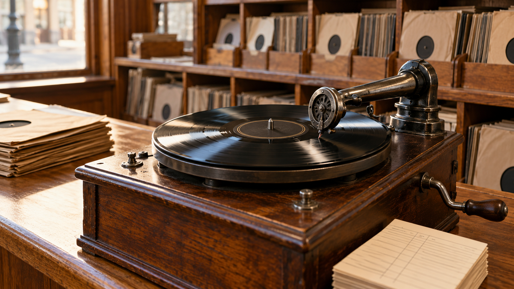 Reconstruction of a 1936 record shop phonograph playing a shellac disc