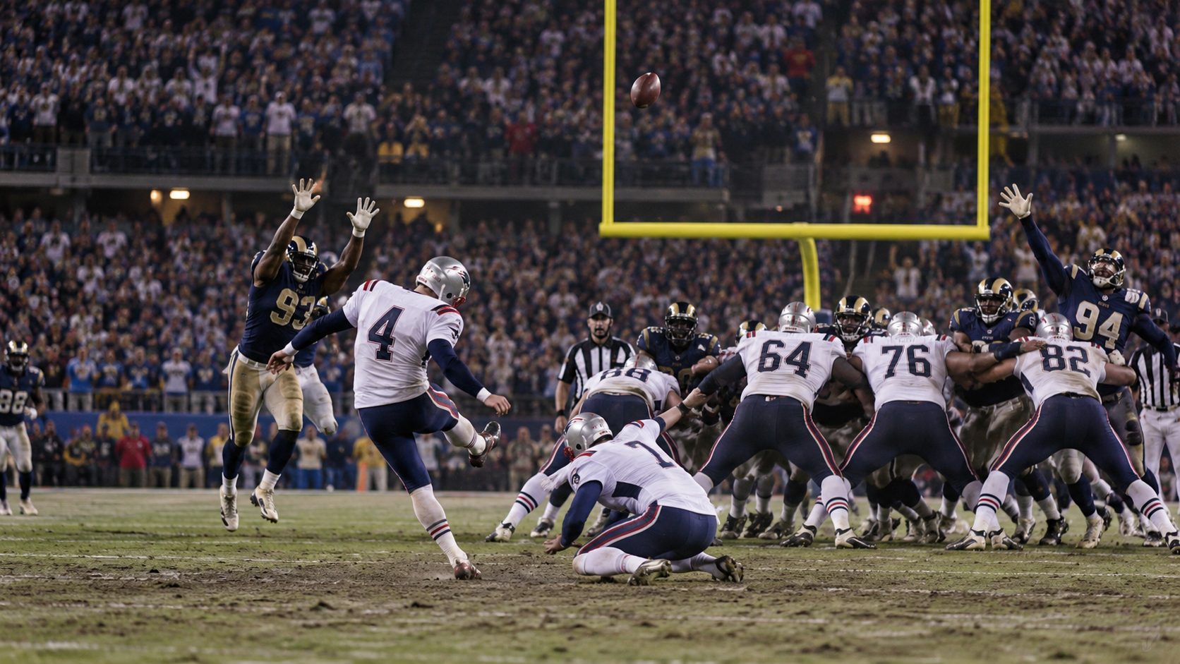 Photorealistic editorial reconstruction of a championship football kicker making a late field goal