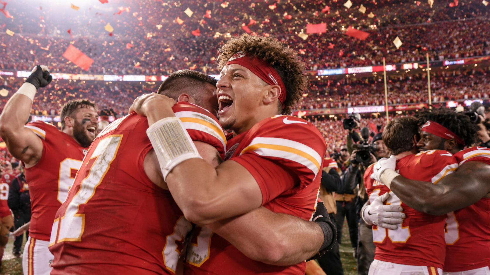 Photorealistic editorial reconstruction of a red-and-gold football team celebrating a championship comeback