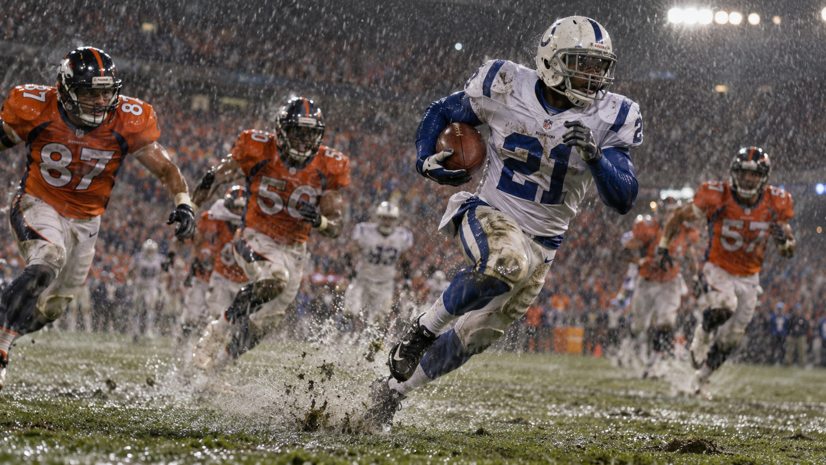 Photorealistic editorial reconstruction of a rain-soaked championship football interception return