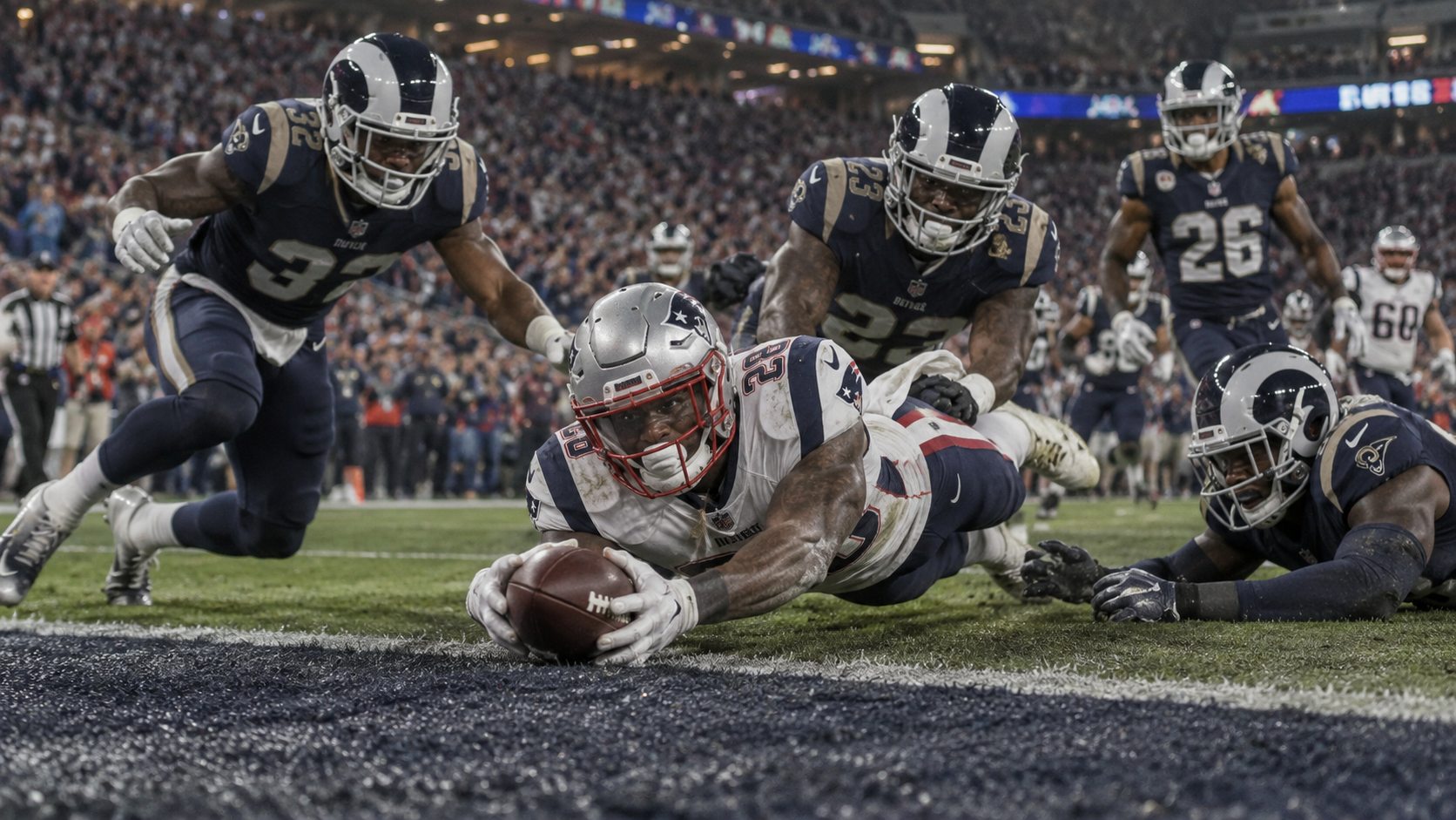 Photorealistic editorial reconstruction of an overtime championship football goal-line dive