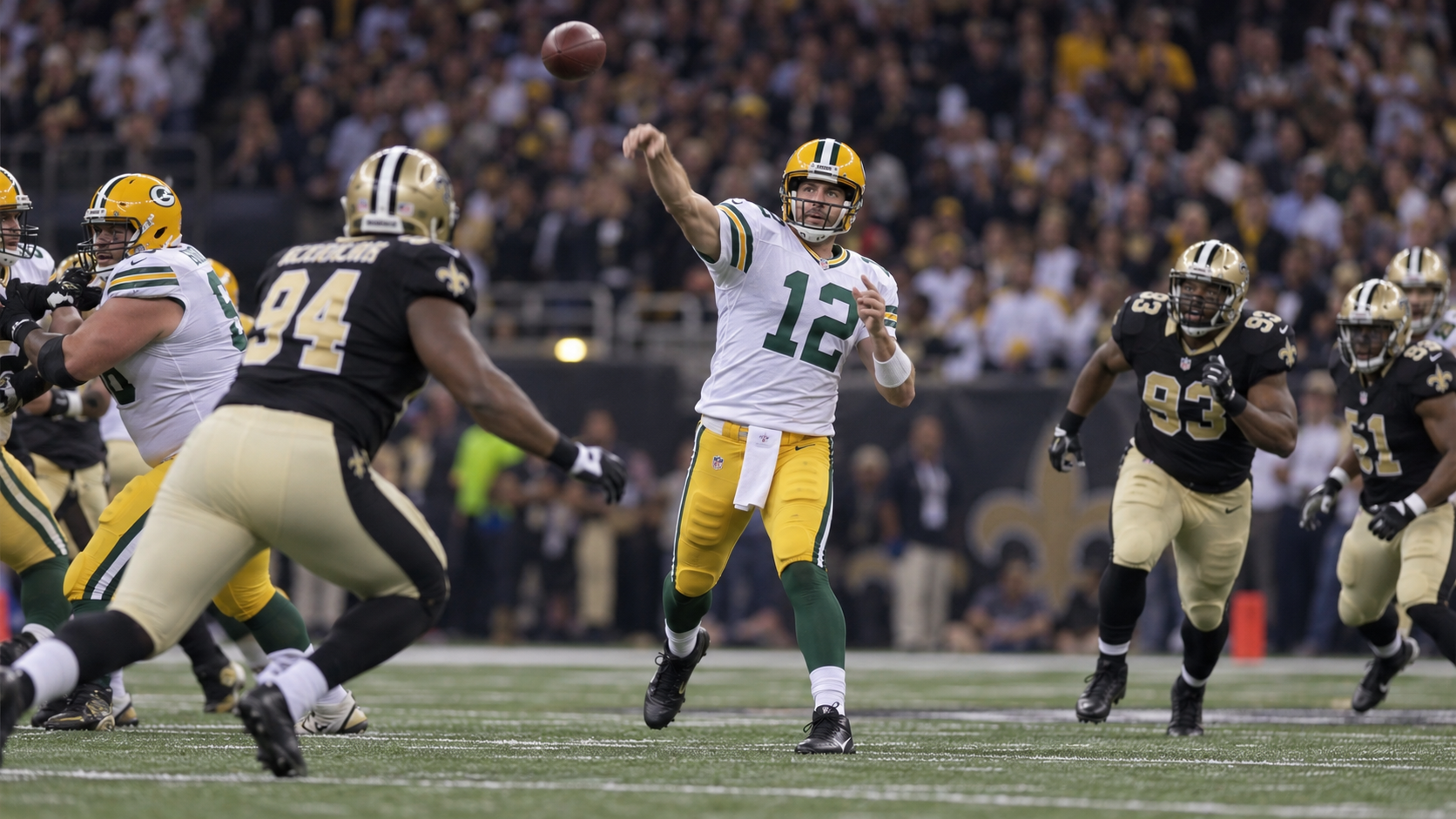 Photorealistic editorial reconstruction of a green-and-gold quarterback throwing a championship pass