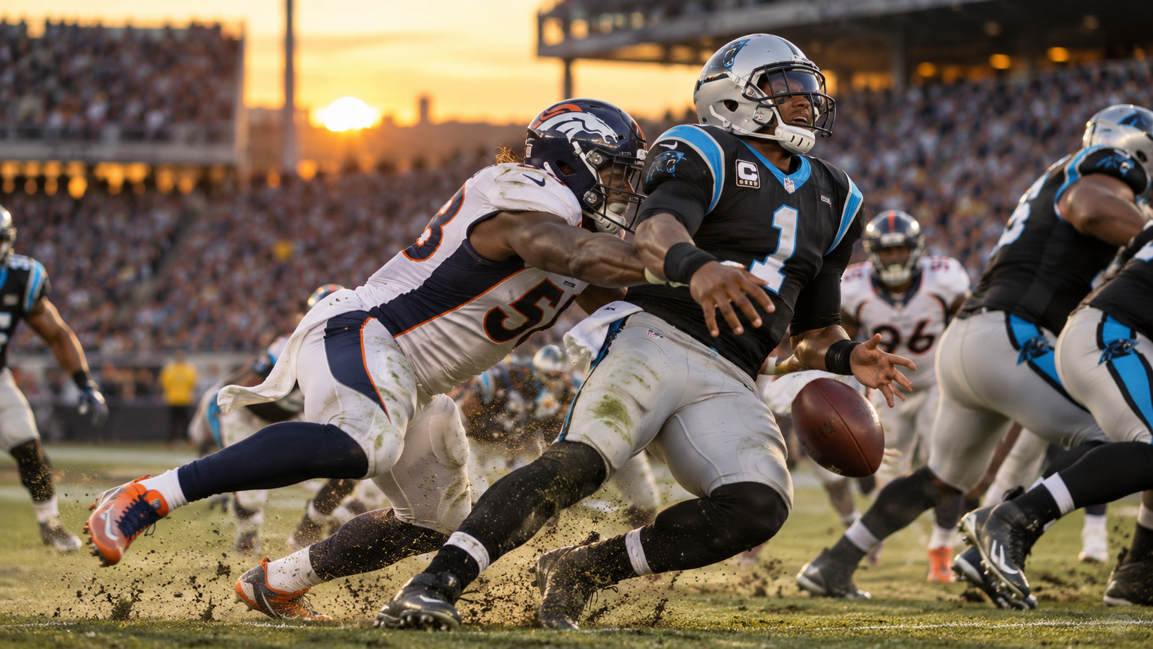Photorealistic editorial reconstruction of a championship football strip sack by a dominant defense