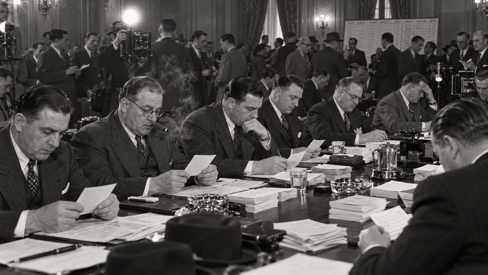 Photorealistic editorial reconstruction of the first professional football draft in a 1930s hotel room