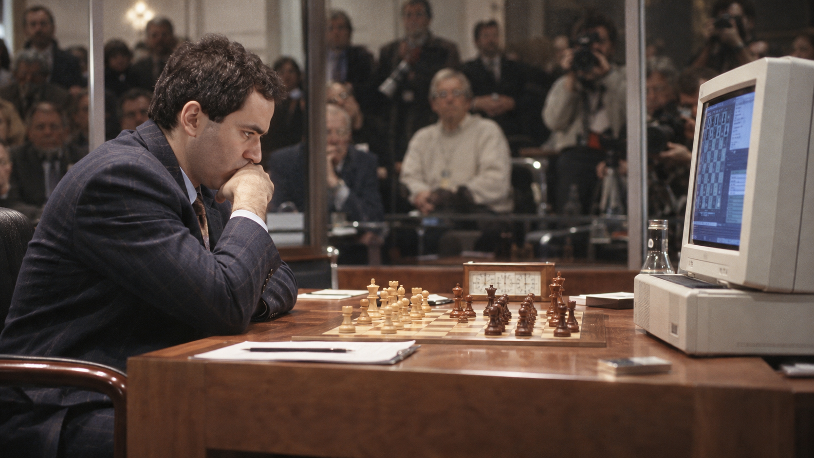 Photorealistic editorial reconstruction of a grandmaster facing a landmark chess computer