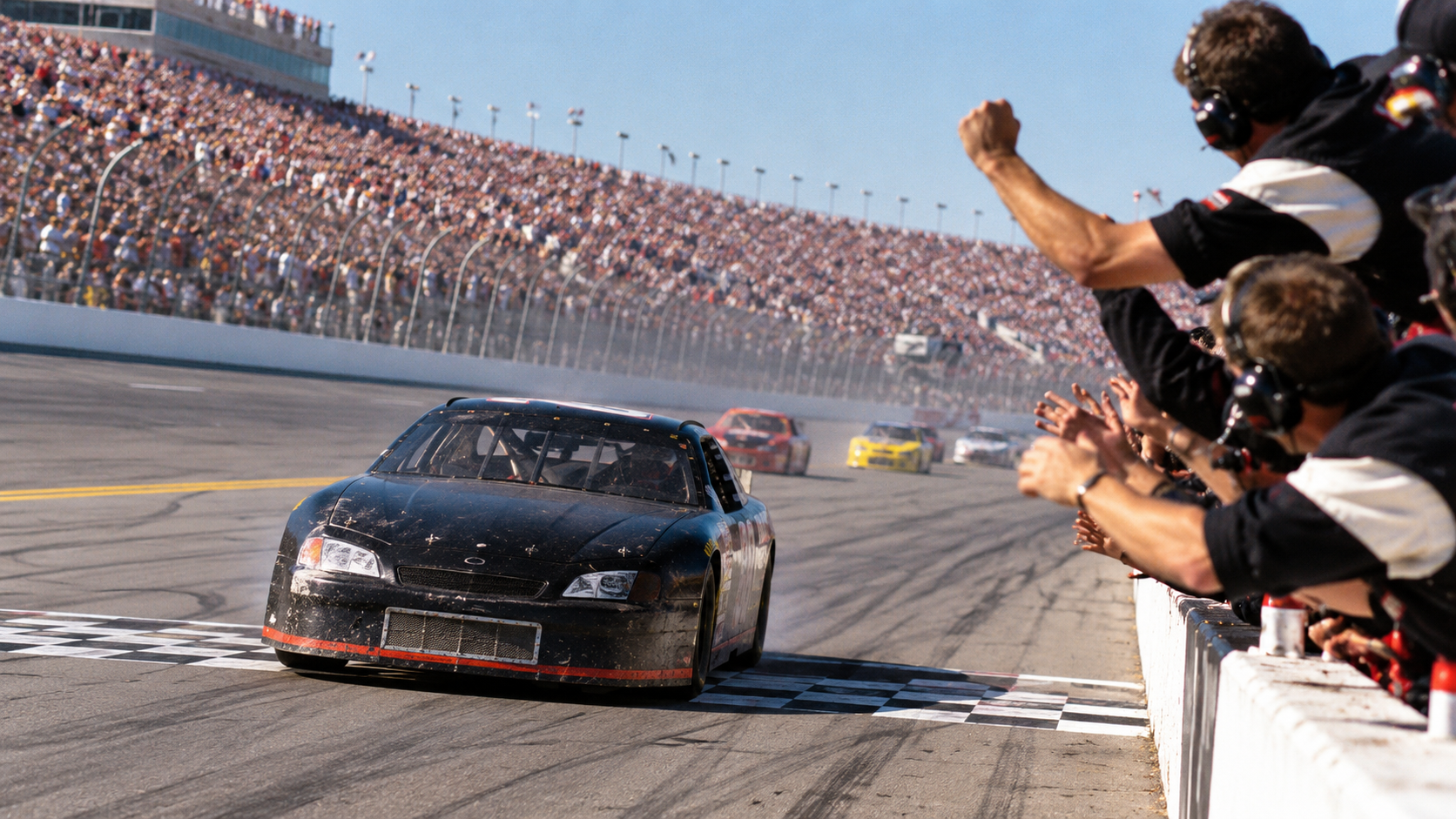 Photorealistic editorial reconstruction of a black stock car winning a landmark Daytona race