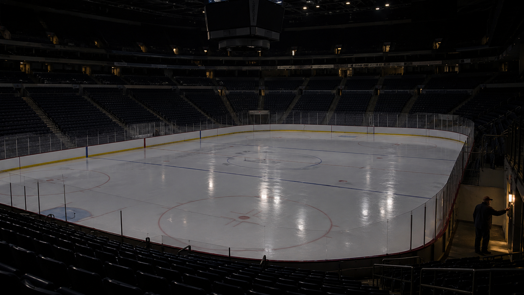 Photorealistic editorial reconstruction of an empty professional hockey arena