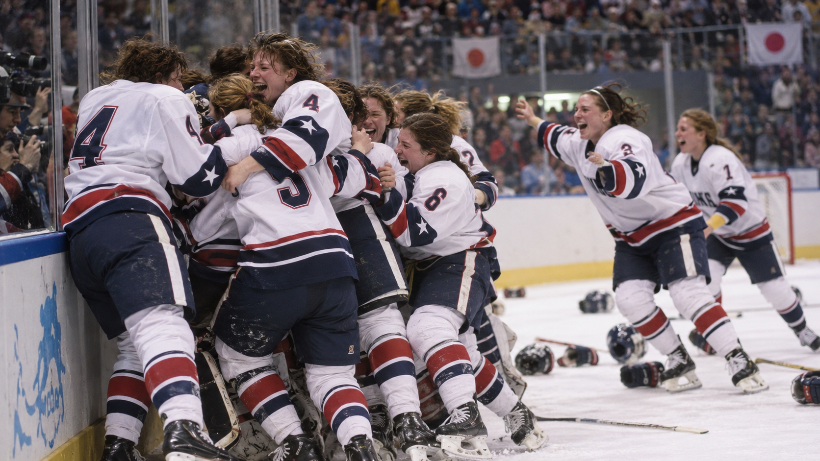 Photorealistic editorial reconstruction of a women’s hockey team celebrating Olympic gold